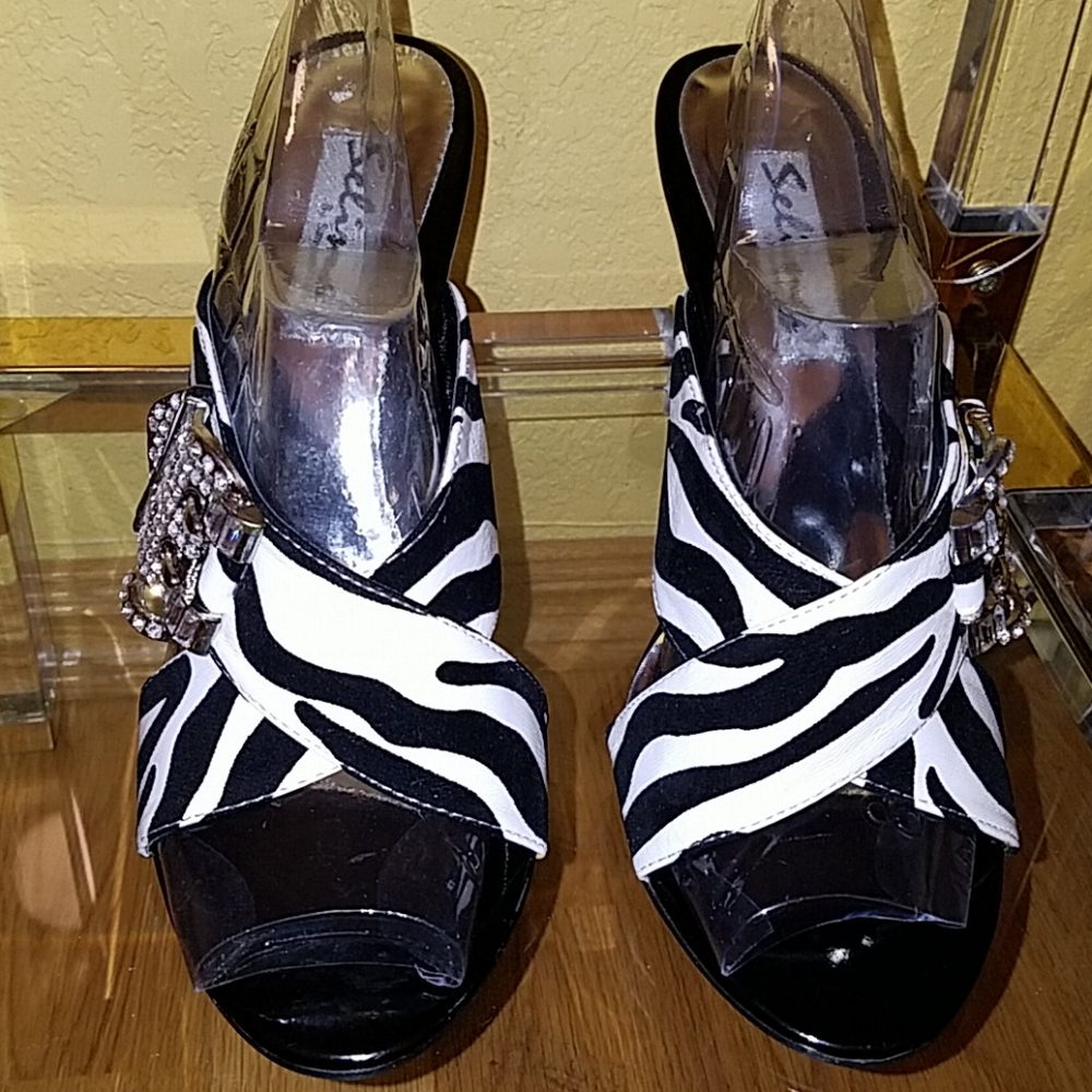 Selina Zebra Print Mules w Rhinestone Buckle